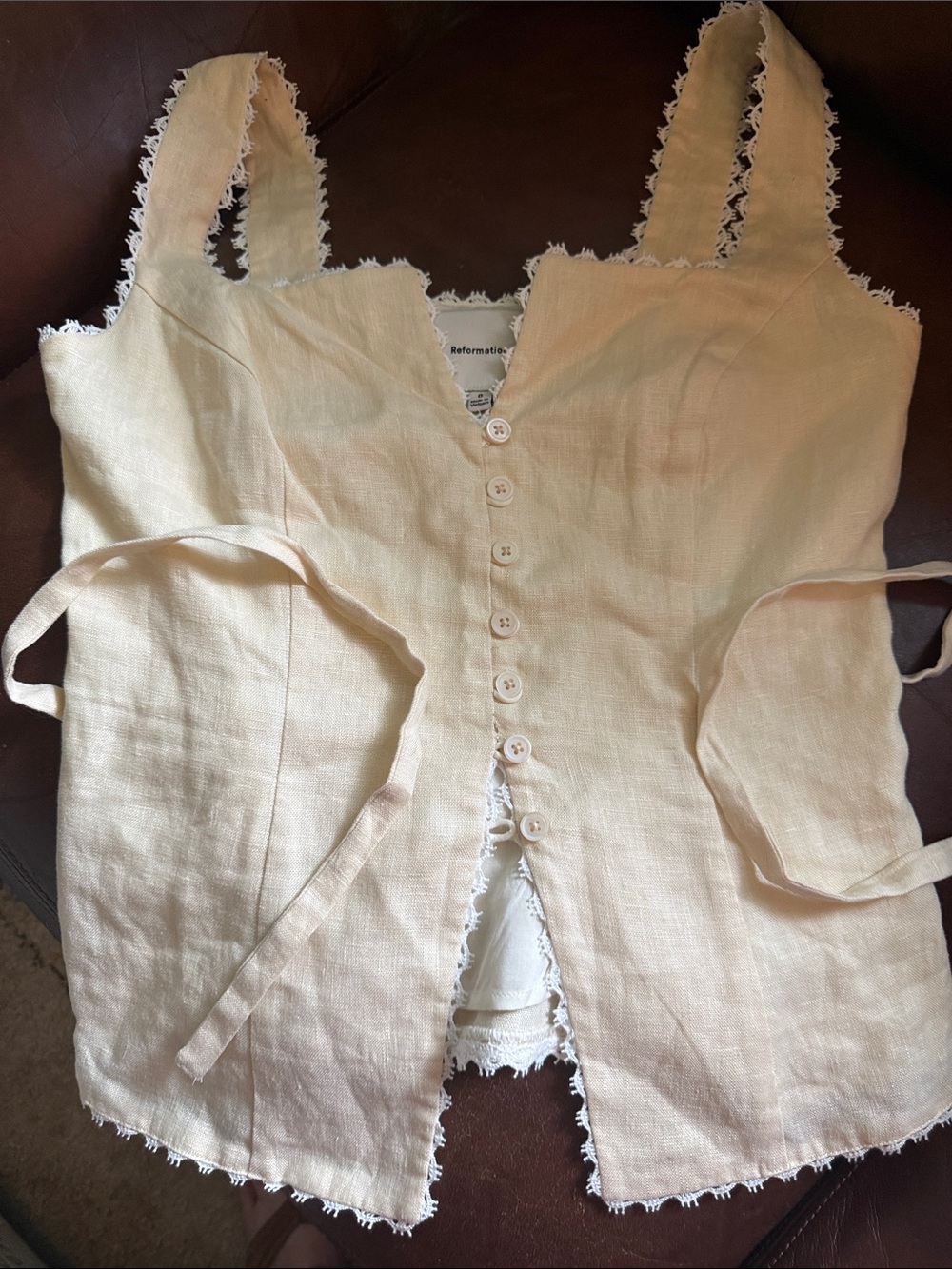 Reformation Viola Linen Top Sugar Cream Lace Sweetheart Crop Blouse Size 0